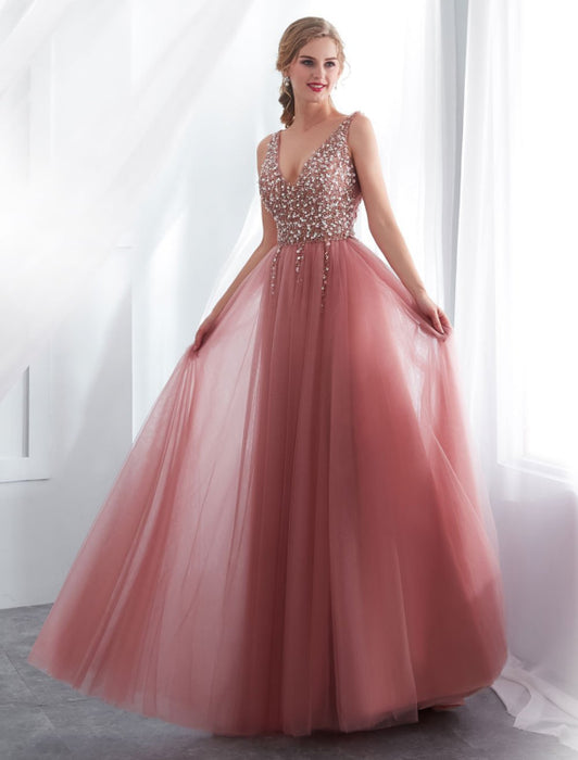 Prom Dresses Cameo Pinkv Neck Beading A Line Formal Evening Dress With Train(APP ExclusivePrice  $149.99)