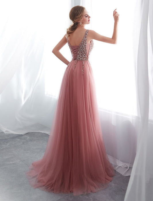 Prom Dresses Cameo Pinkv Neck Beading A Line Formal Evening Dress With Train(APP ExclusivePrice  $149.99)