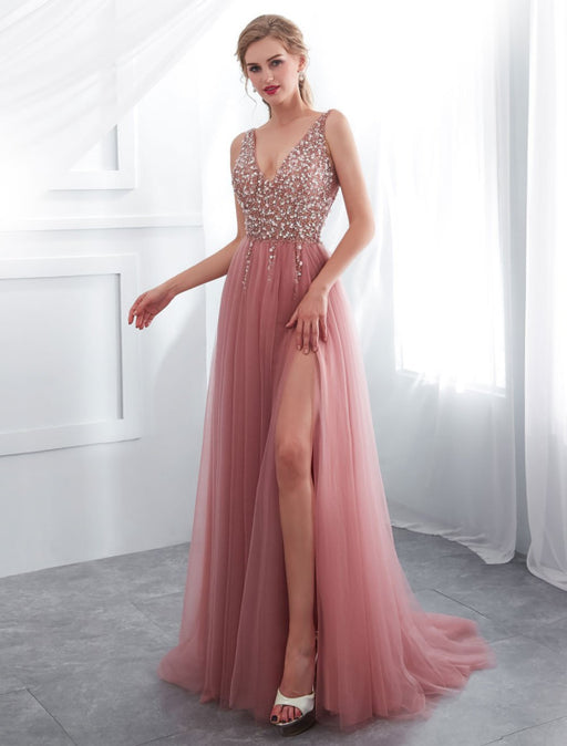 Prom Dresses Cameo Pinkv Neck Beading A Line Formal Evening Dress With Train(APP ExclusivePrice  $149.99)