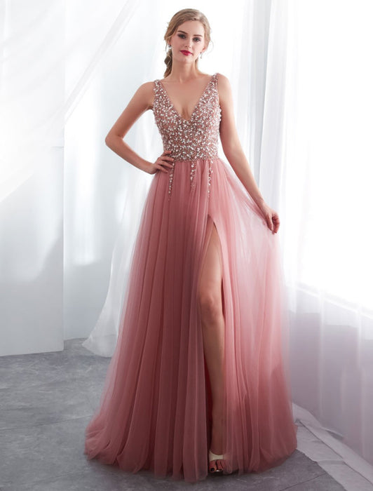 Prom Dresses Cameo Pinkv Neck Beading A Line Formal Evening Dress With Train(APP ExclusivePrice  $149.99)