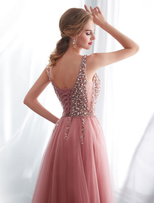 Prom Dresses Cameo Pinkv Neck Beading A Line Formal Evening Dress With Train(APP ExclusivePrice  $149.99)