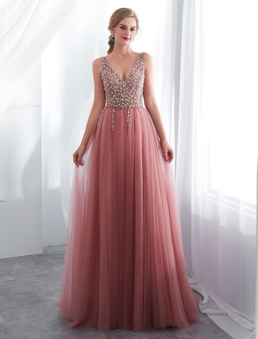 Prom Dresses Cameo Pinkv Neck Beading A Line Formal Evening Dress With Train(APP ExclusivePrice  $149.99)