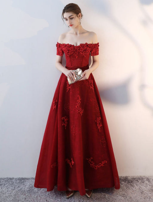 Prom Dresses Long Burgundy Off The Shoulder Prom Dress Lace Applique Heavy Beading Sash Floor Length Formal Evening Dress