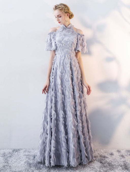 Prom Dresses Long Light Grey Cold Shoulder Evening Dress Lace Stand Collar Floor Length Formal Dress