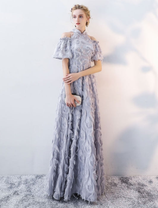 Prom Dresses Long Light Grey Cold Shoulder Evening Dress Lace Stand Collar Floor Length Formal Dress