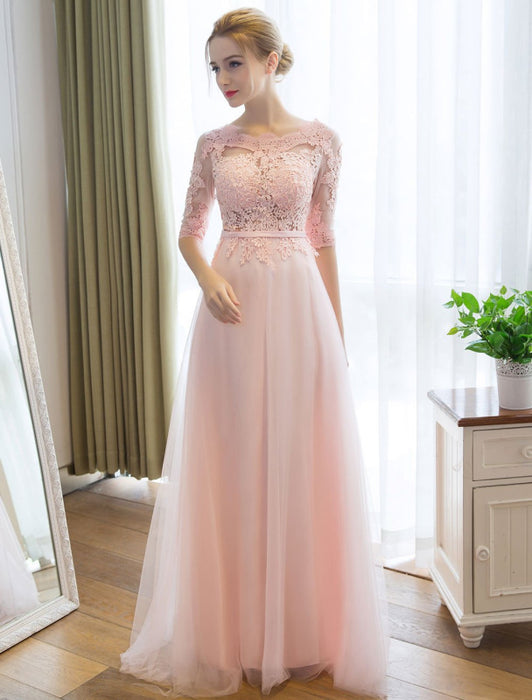 Prom Dresses Long Soft Pink Half Sleeve Lace Tulle Formal Evening Lace Applique Maxi Party Dress