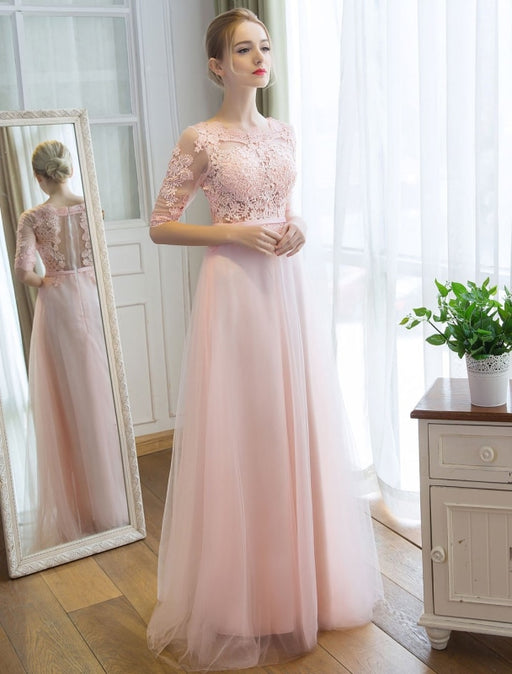 Prom Dresses Long Soft Pink Half Sleeve Lace Tulle Formal Evening Lace Applique Maxi Party Dress