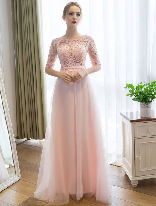 Prom Dresses Long Soft Pink Half Sleeve Lace Tulle Formal Evening Lace Applique Maxi Party Dress
