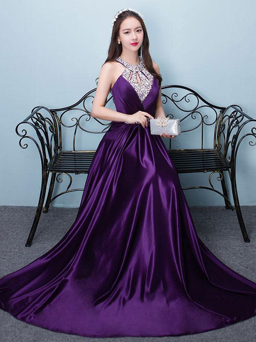 Prom Dresses Long Soft Pink Satin Evening Dress Halter Beading Pleated Floor Length Formal Party Dress