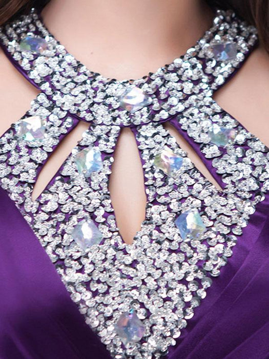 Prom Dresses Long Soft Pink Satin Evening Dress Halter Beading Pleated Floor Length Formal Party Dress