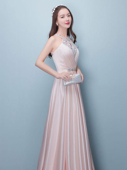 Prom Dresses Long Soft Pink Satin Evening Dress Halter Beading Pleated Floor Length Formal Party Dress