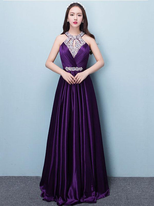 Prom Dresses Long Soft Pink Satin Evening Dress Halter Beading Pleated Floor Length Formal Party Dress