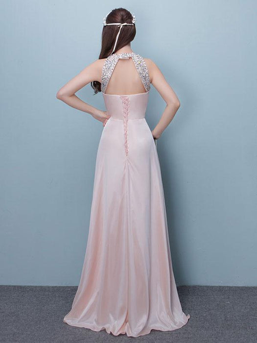 Prom Dresses Long Soft Pink Satin Evening Dress Halter Beading Pleated Floor Length Formal Party Dress