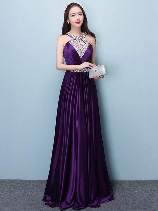 Prom Dresses Long Soft Pink Satin Evening Dress Halter Beading Pleated Floor Length Formal Party Dress