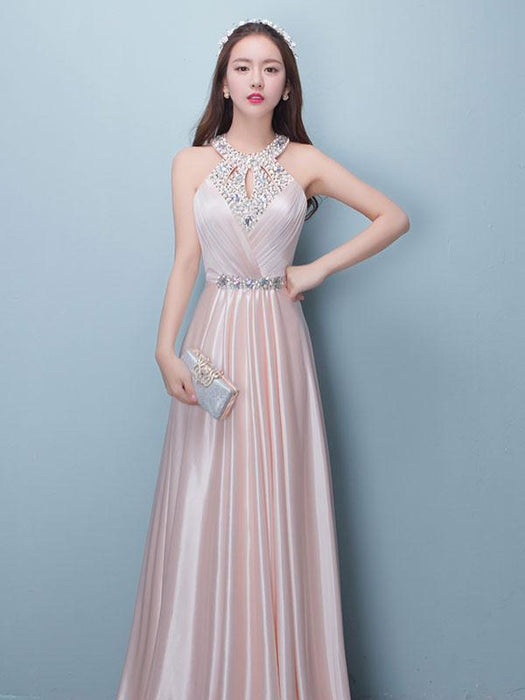 Prom Dresses Long Soft Pink Satin Evening Dress Halter Beading Pleated Floor Length Formal Party Dress