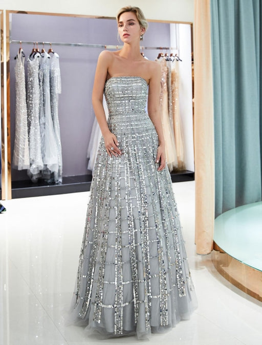 Prom Dresses Long Strapless Sequin Light Grey Floor Length Luxury Women Pageant Dress
