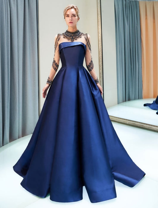 Prom Dresses Luxury Dark Navy Satin A Line Long Sleeve Lace Illusion High Collar Quinceanera Dress