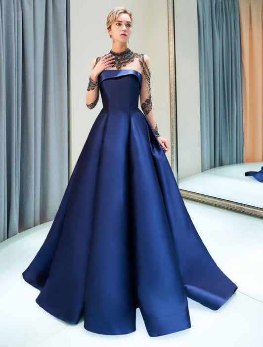 Prom Dresses Luxury Dark Navy Satin A Line Long Sleeve Lace Illusion High Collar Quinceanera Dress