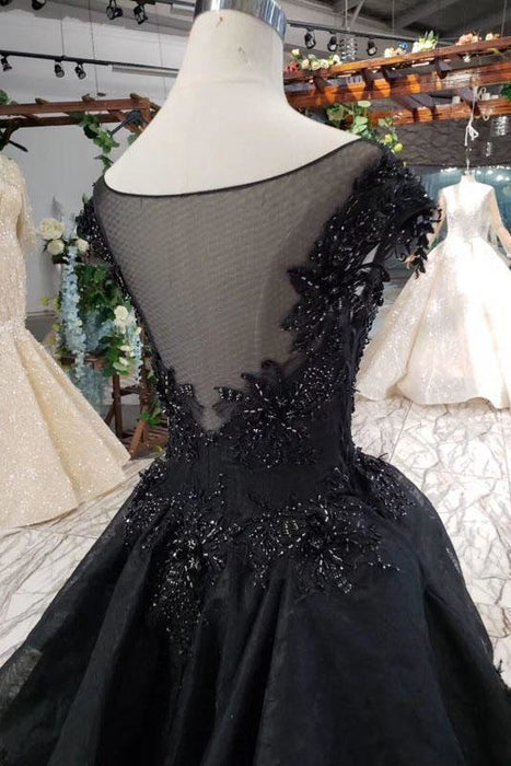 Puffy Cap Sleeves Black Long Prom with Appliques Charming Beading Formal Dress - Prom Dresses