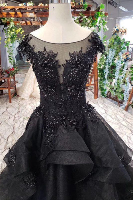 Puffy Cap Sleeves Black Two Piece Long Prom Dresses Cheap - Bridelily Puffy Cap Sleeves Black Two Piece Long Prom Dresses Cheap - Bridelily