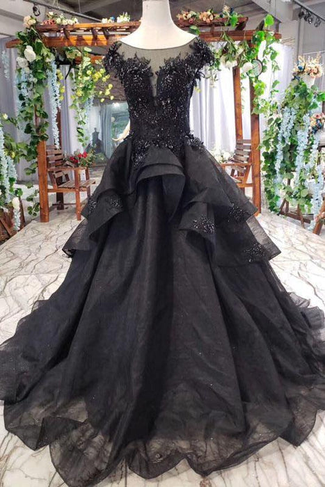 Puffy Cap Sleeves Black Two Piece Long Prom Dresses Cheap