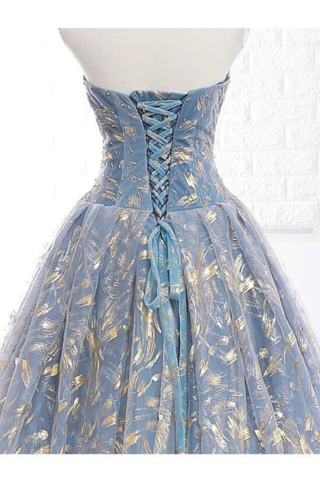 Puffy Gold Lace Quinceanera Cute Long Prom Dresses Cheap - Bridelily Puffy Gold Lace Quinceanera Cute Long Prom Dresses Cheap - Bridelily