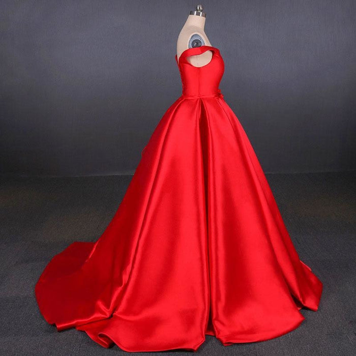 Puffy Off the Shoulder Red Satin Prom A Line Party Dress with Belt - Prom Dresses