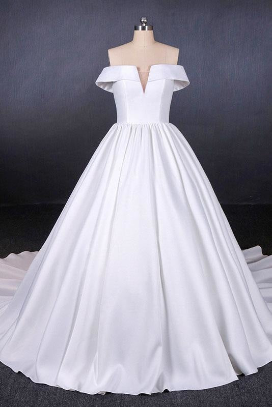 Puffy Off the Shoulder Satin Ball Gown Long Train Wedding Dress - Wedding Dresses