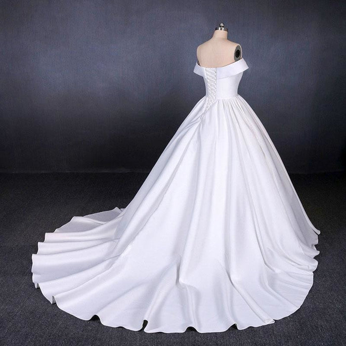 Puffy Off the Shoulder Satin Ball Gown Long Train Wedding Dress - Wedding Dresses