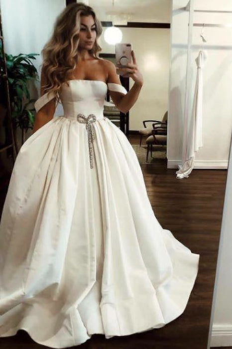 Puffy Off the Shoulder Satin Long with Pockets Simple Wedding Dress - Wedding Dresses