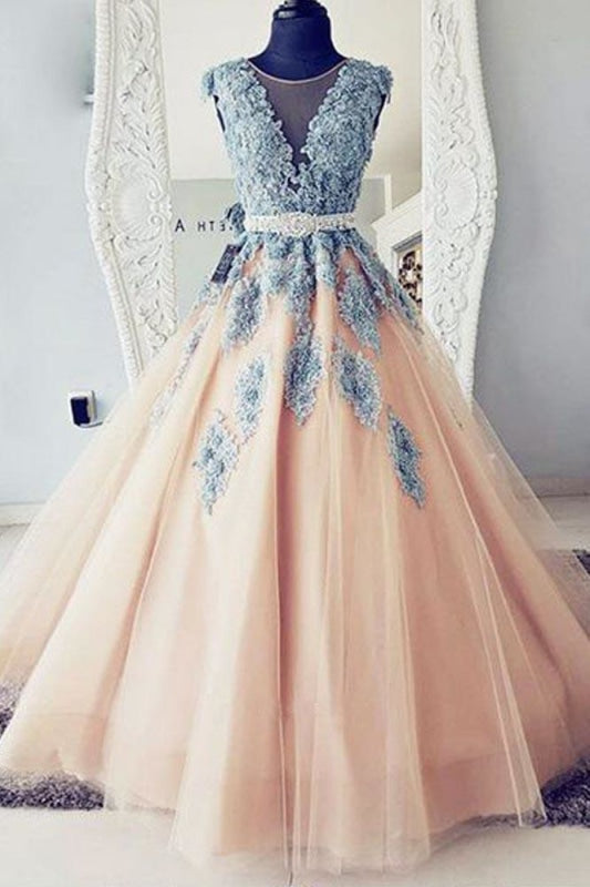 Puffy Round Neck Teal Blue Lace and Peach Tulle Long Prom Dresses - Prom Dresses