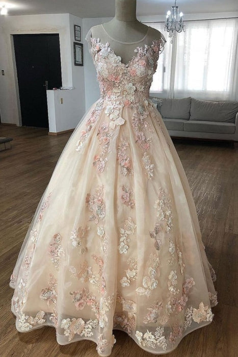 Puffy Sheer Neck Floor Length Party Appliques Long Prom Dress with Flower - Prom Dresses