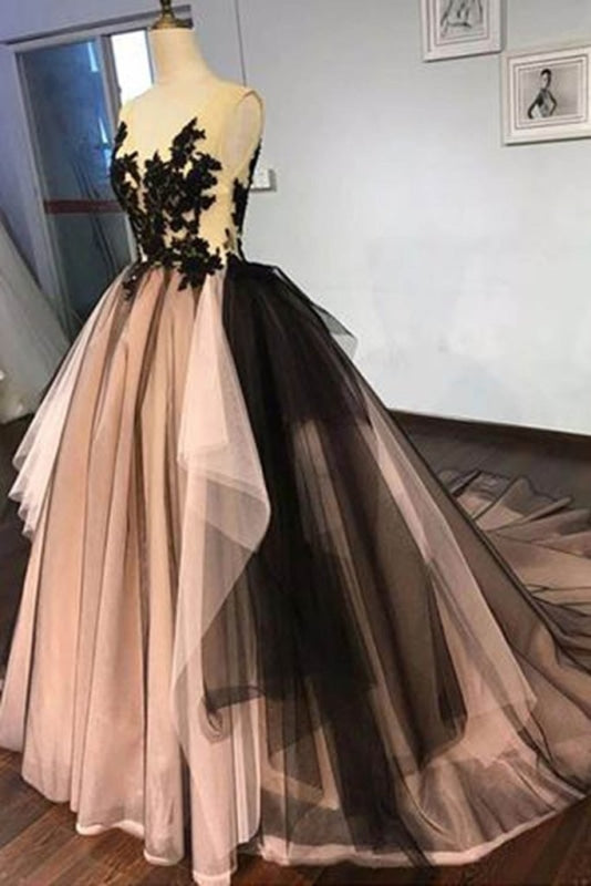 Puffy Sleeveless Tulle Prom Dress Train V Neck Long Formal Dresses with Appliques - Prom Dresses