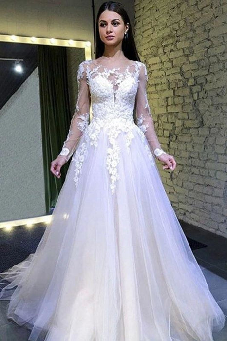 Puffy Sleeves Tulle Long Wedding Dress with Lace Appliques - Wedding Dresses