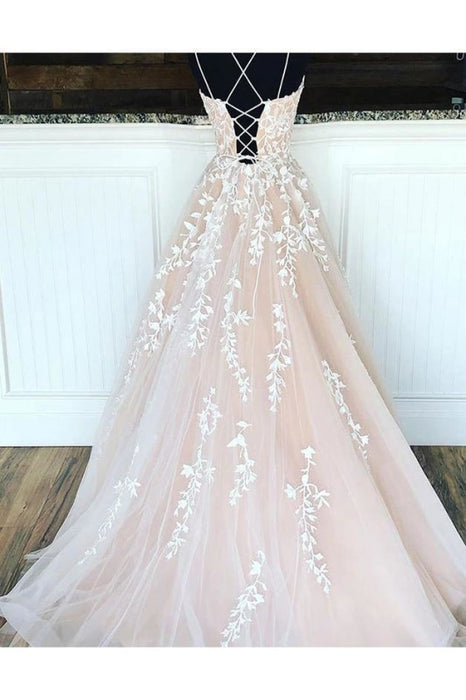 Puffy Spaghetti Straps Floor Length Prom with Appliques Long Evening Dress - Prom Dresses