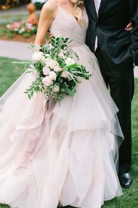 Puffy Spaghetti Straps V Neck Backless Asymmetrical Light Pink Long Wedding Dress - Wedding Dresses