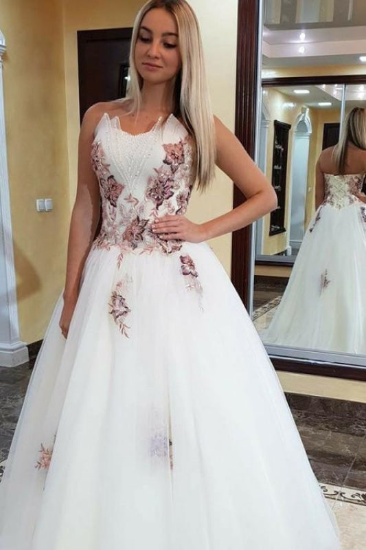 Puffy Strapless Tulle Prom Dress with Appliques Floor Length A Line Party Dresses - Prom Dresses