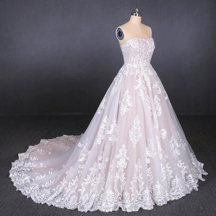 Puffy Strapless Tulle with Appliques Long Train Lace Up Wedding Dress - Wedding Dresses