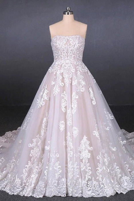 Puffy Strapless Tulle with Appliques Long Train Lace Up Wedding Dress - Wedding Dresses