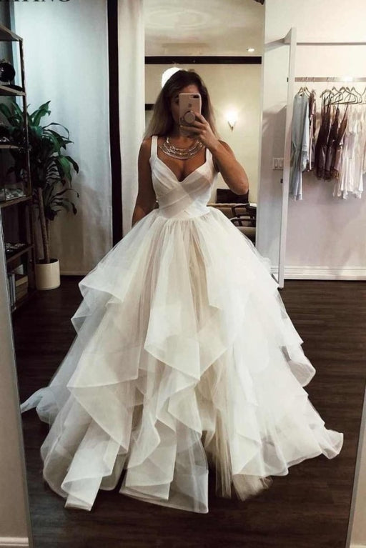 Puffy Straps Long Beach Unique Cascading Ruffles Wedding Dress - Wedding Dresses