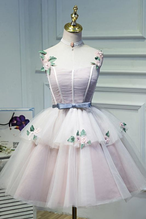 Puffy Straps Tulle Homecoming Flowers Princess Graduation Dress with Belt - Prom Dresses