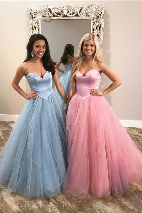 Puffy Sweetheart Blue/Pink Tulle Prom Cheap Strapless Floor Length Party Dress - Prom Dresses