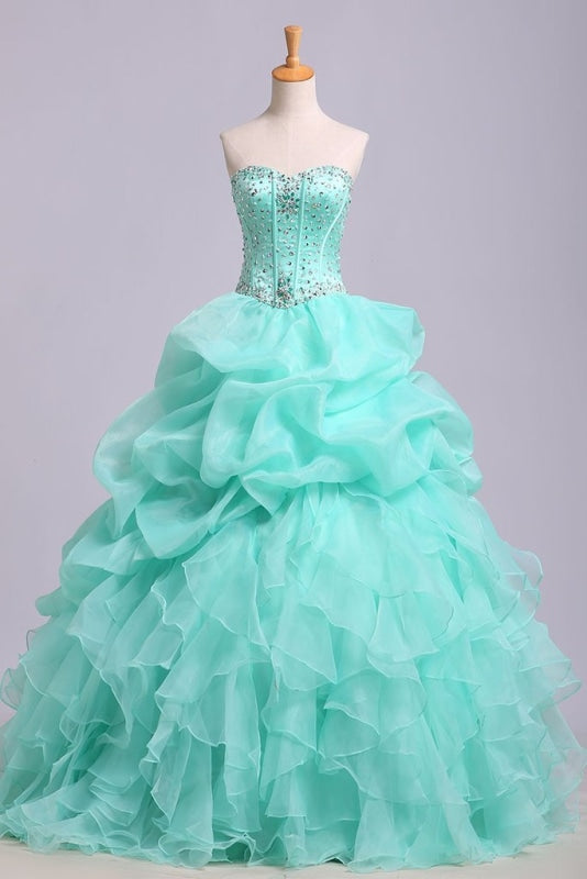 Puffy Sweetheart Organza Floor Length Prom with Sequins Quinceanera Dress - Prom Dresses