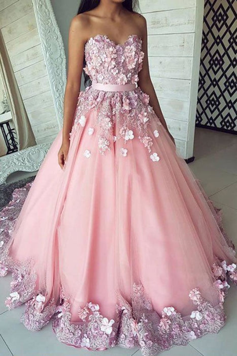Puffy Sweetheart Tulle Prom with Flowers Princess Sweep Train Appliqued Party Dress - Prom Dresses