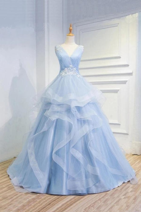 Puffy V Neck Sleeveless Tulle Prom with Appliques Long Quinceanera Dress - Prom Dresses