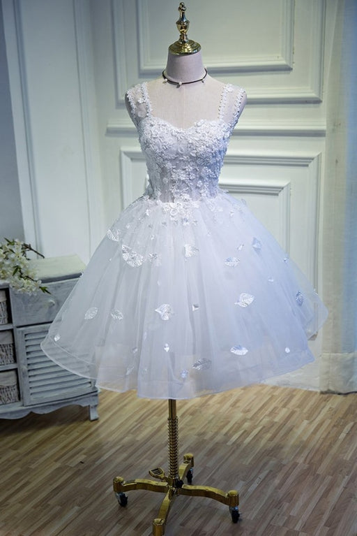 Puffy White Straps Tulle Homecoming Dresses with Lace Appliques A Line Short Dress - Prom Dresses