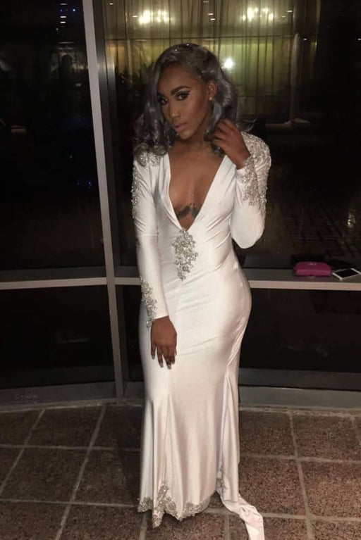 Pure White Long Sleeves Deep V Neck Evening Gown with Lace Appliques - Prom Dresses
