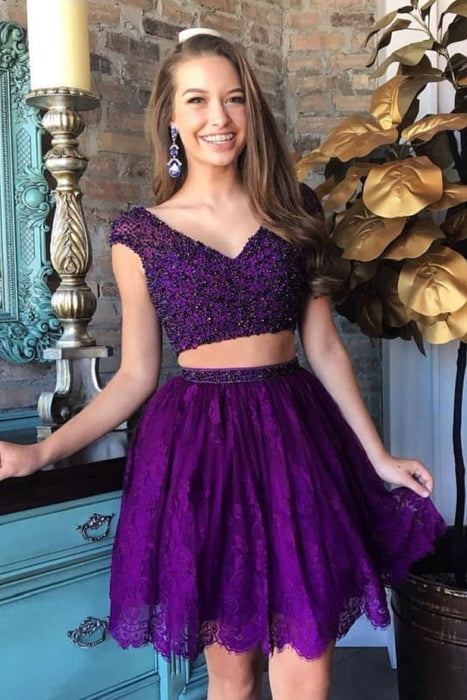 Purple Beaded Bodice Cap Short Red Two Piece Prom Dress - Bridelily Purple Beaded Bodice Cap Short Red Two Piece Prom Dress - Bridelily