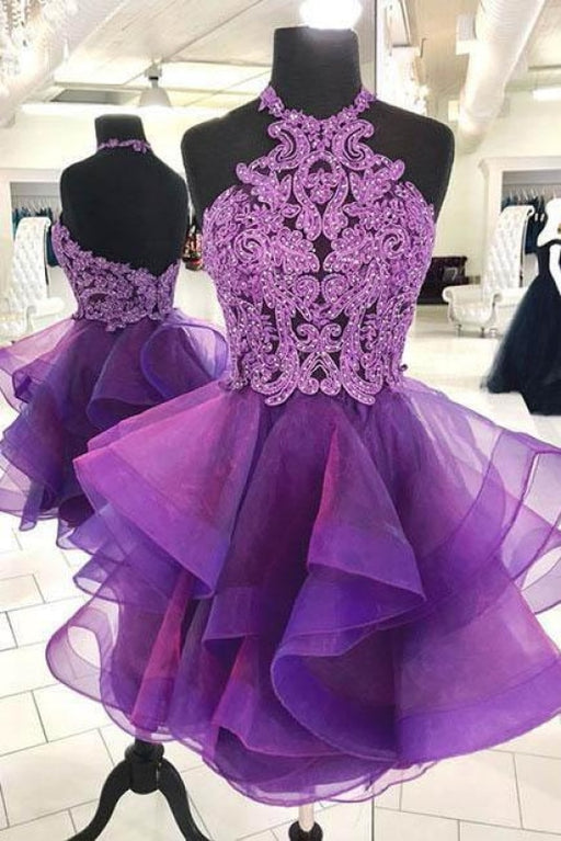 Purple Halter Asymmetrical Short Homecoming Dresses with Beading Mini Cocktail Dress - Prom Dresses