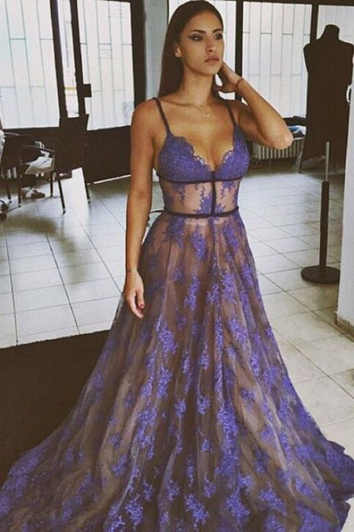 Purple Lace Spaghetti Straps Nude Lining Prom Dress Long Party Dresses - Prom Dresses